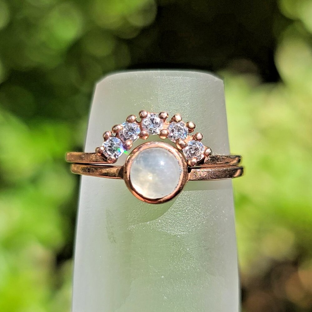 Pura Vida 925 Sterling Nesting Crown Ring Set, Moonstone CZ, Rose Gold Plated, 7